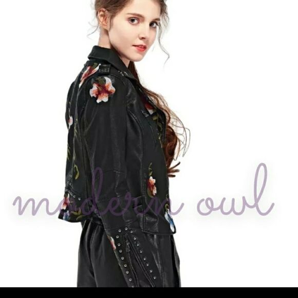 Leather Floral/accented Faux leather Moto Jacket sz L 8-10 XXL 14-16 - Picture 11 of 16